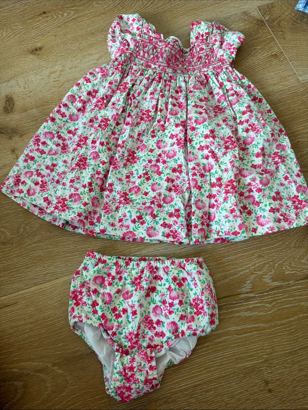 Ralph Lauren Girls Pink Floral Smocked Dress & Bloomers